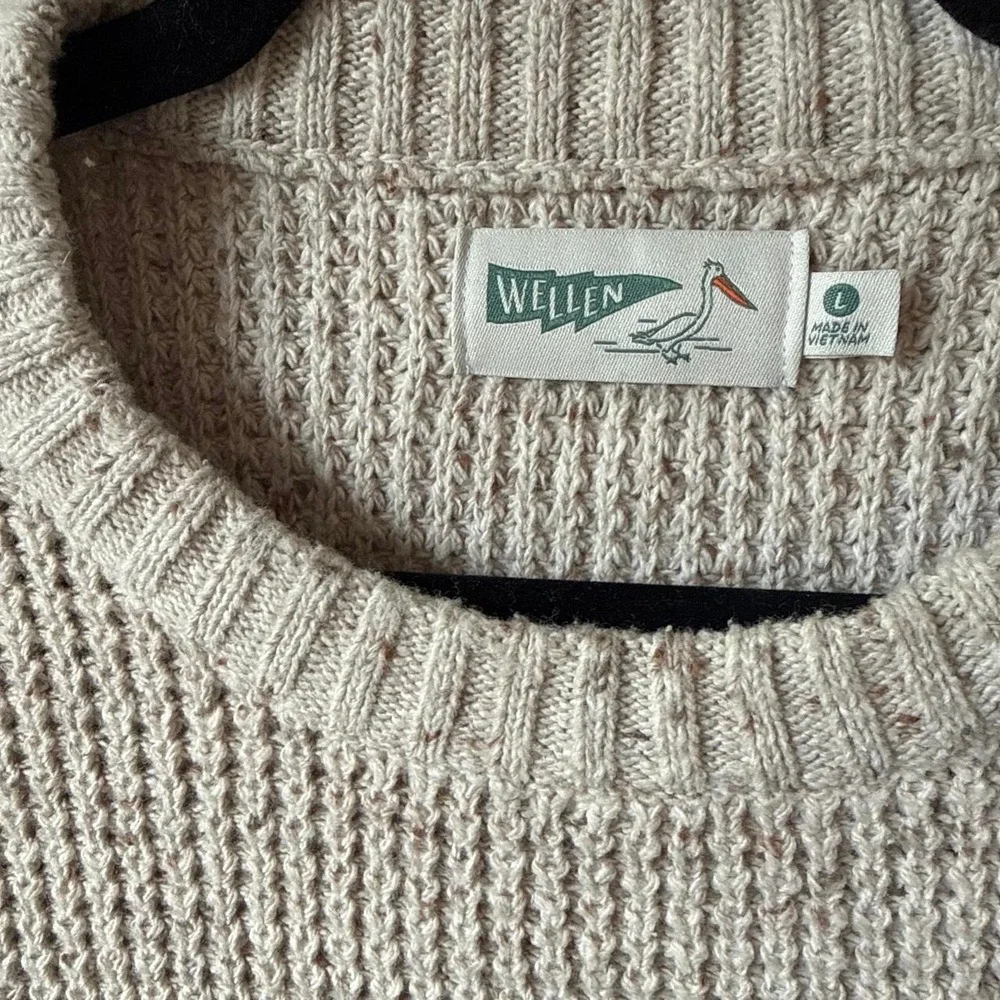 Wellen Mens Recycled Cotton Waffle Knit Striped Crewneck Sweater Cream Grey L